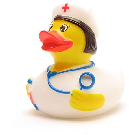 DUCKSHOP I Badeente Krankenschwester I Quietscheente I L: 7,5 cm - inkl. Quietscheentchen-Schlüsselanhänger im Set I Geschenk Mediziner I Präsent Pflegekräfte