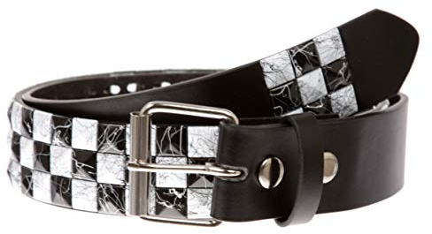 Gürtel mit Nieten, 3,8 cm, weiß und schwarz, Schachbrettmuster, Punk-Rock-Stil, Einfarbig, S 30-32