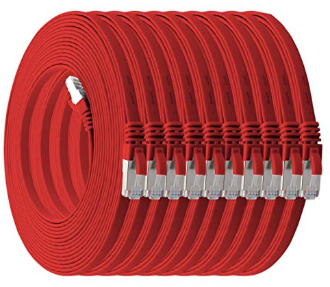 0,5 m - rouge - lot de 10 câbles réseau plats Cat7 câble brut Cat 7 câble ruban Gigabit Lan (10 Gbit/s) câble d'installation câble patch plat mince fiche Rj 45 Cat6a