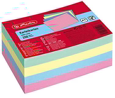 Herlitz 10836245 Karteikarte, Farbig sortiert, 200 Stück, Liniert, A7