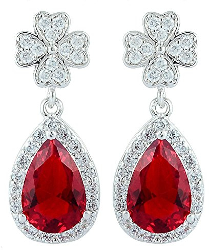 [RIVA KLEE] TRÄNE Gestochen Ohrhänger Ohrringe mit Tropfenschliff Edelstein Zirkonia CZ [Rot Rubin] in 18K Weißes Gold Vergoldet, Einfache Moderne Eleganz