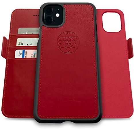 dreem Fibonacci 2-in-1 Wallet Case for Apple iPhone 11 - Luxury Vegan Leather, Magnetic Detachable Shockproof Phone Case, RFID Card Protection, 2-Way Flip Stand - Red
