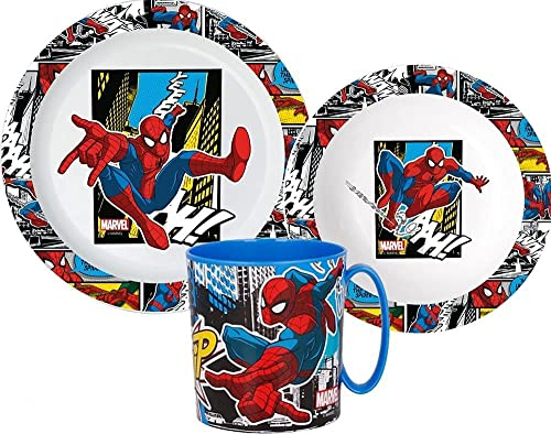 Spiderman - Vajilla infantil con plato, cuenco para cereales y vaso (reutilizable)