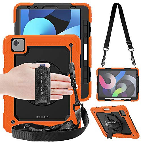 TECHGEAR UTILITY Case for iPad Air 10.9 5th & 4th Generation 2022/2020, Tough Rugged HEAVY DUTY Armour Shockproof Case with 360 Rotating Stand, Hand Strap and Shoulder Strap - Orange