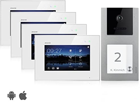 Balter EVO Video Türsprechanlage, Touchscreen, 7 Zoll Monitor, Smartphone App, 2-Draht Bus, Aufputz Türstation für, Familienhaus, 1 Türklingel, RFID Funktion (4 Monitore, Mit App)