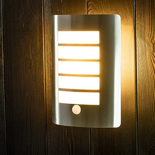 Lumiled Außenwandleuchte Wandlampe Außenleuchte Wandleuchter Gartenleuchte aussen Terrasse Fassade IP44 Silber spritzwasserdicht Aluminium 230V E27 Fassung mit Bewegungsmelder Dämmerungssensor
