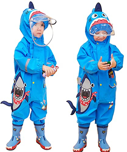 JinBei Matschanzug Baby Jungen Regenanzug Kinder Regenjacke Regenmantel mit Kapuze Tasche Regenkleidung Overall Wasserdicht Atmungsaktiv Leicht Matschanzug 1-2 Jahre, Blau 3D Hai Muster
