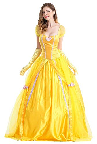 Odizli Belle Kostüm Damen Erwachsene Prinzessin Lange Kleid mit Handschuhe Halloween Weihnachten Karneval Cosplay Party Verkleidung Costume Gelb-Belle 2XL