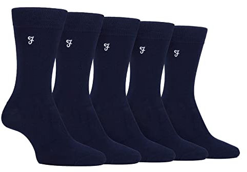 Farah - Mens 5 Pack Natural Organic Bamboo Bright Striped Patterned Socks (6-11, Navy)