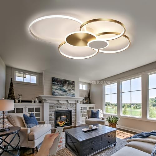 WERSVG Modern LED Deckenleuchte Gold L80cm 71W Dimmbar Deckenlampe 6-Ring Design Wohnzimmer lampe mit Fernbedienung Metall Beleuchtung für Wohnzimmer, Schlafzimmer, Küche, Flur, Balkon, Esszimmer