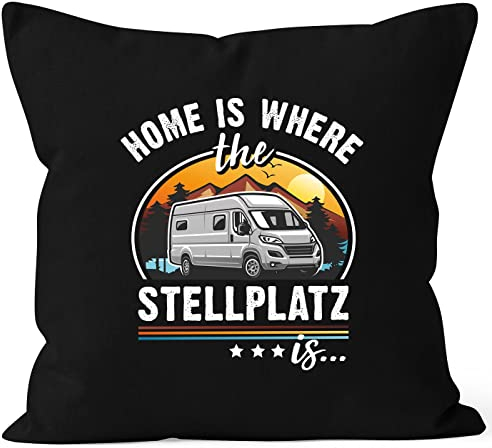 MoonWorks® Kissen-Bezug Camping Home is Where The Stellplatz is Geschenke für Camper Wohnmobil Spruch lustig schwarz Standard