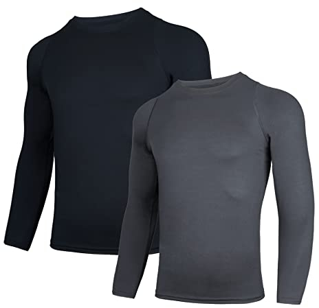 AMZSPORT Herren 2er Pack Kompressionsshirt Langarm Funktionsshirt Schnelltrocknendes Laufshirt Atmungsaktiv Sportshirt für Männer, Schwarzgrau,M
