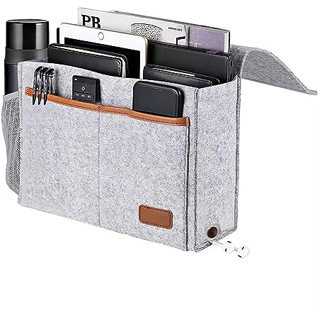 KAKKOII Bedside Caddy,Felt Bedside Storage Organizer, Hanging Storage for Dorm Bed Sofa for tablet Magazine Phone Remotes and Water Bottle Holder (Grey)
