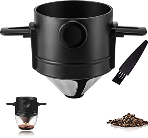 Kaffeetropfer Permanent, Kaffeefilter Edelstahl, Kaffeetropfer Tragbar, Kaffeetropfer Papierloser, über Kaffeefilter gießen mit Reinigungsbürste, für Zuhause, Büro, Reisen (Schwarz)