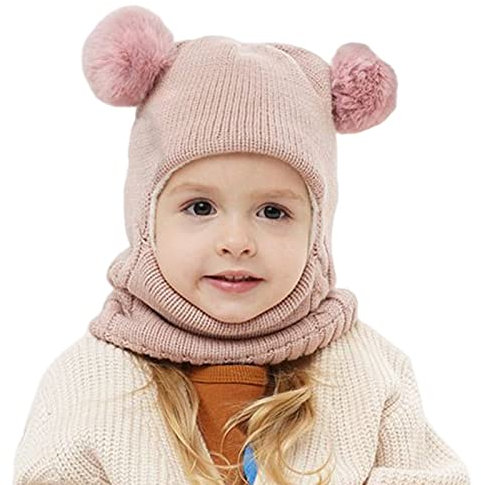 Balakaka 3-in-1-Schal Mütze Maske Winter Strickmütze Kindermütz, Doppel Pompon Kind Kinder Beanie Mütze, Warm Knitted Beanie Hat for 2-7 Jahre alte Jungen und Mädchen,rosa
