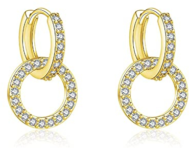 Fcebsty Gold Ohrringe Silber 925 hängend für Mädchen, S925 Sterling Silber Ohrring doppelter Creolen Ohrringe Zirkonia, Double Circle Hoop Ohrringe Schmuck für Hochzeitsgeschenke für Frauen-10mm