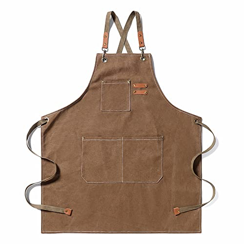 YSTP Delantal de cuero para cocinar, soldar, barbacoa - resistente al agua con 3 bolsillos, correas largas ajustables - Para hombres y mujeres en la cocina y restaurante, Café-Gris, 75cm*65cm