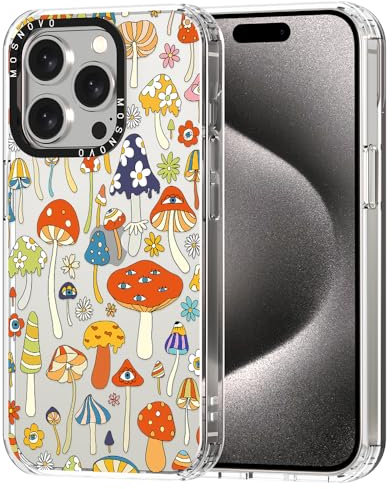 MOSNOVO Case for iPhone 15 Pro Max, [Buffertech 6.6ft Military-Grade Drop Protection] [Anti Peel Off Tech] Clear TPU Bumper Phone Case Cover Design - Mushroom Art