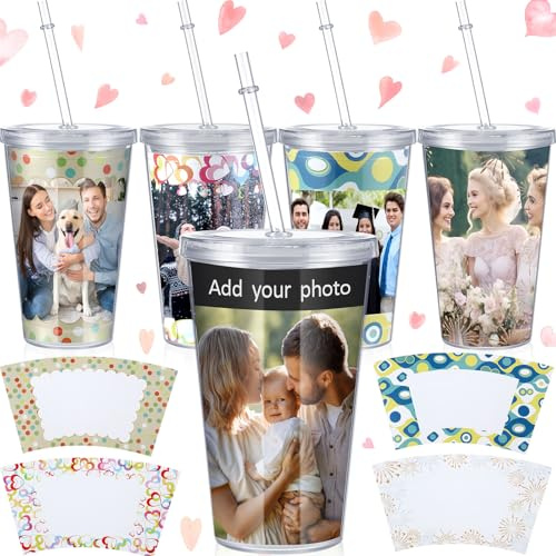 Maxcheck 4 Pcs DIY Photo Tumblers, 16 oz Personalized Insert Cup with Straw | Custom Your Own Cup with 4 Templates, Personalized Travel Mug with Pictures & Text, Gifts for Christmas, Dad Mom Friends