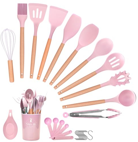 Helterfolg Utensilios Cocina de Silicona, 29 piezas juego de utensilios de cocina de silicona de con soporte para utensilios, mango de madera antiadherente resistente al calor (Rosa)