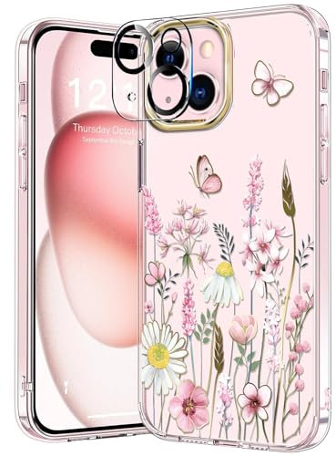 luolnh Compatible with iPhone 15 Case,for Women Girls,Shockproof Clear Floral Pattern Hard Back Cover for iPhone 15 6.1 2023 (Butterfly&Pink Flower)