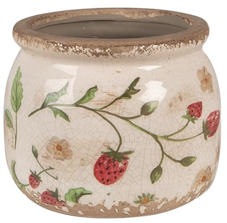 Clayre & Eef Blumentopf Ø 12x10 cm Beige Rot Keramik Erdbeeren Innenblumentopf