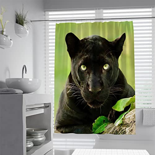 LANDERSION Rideau de Douche Vert Clair Doublure Black Panther Rideau de Douche Ensemble avec Crochets Rideaux de Douche de la Faune Africaine imperméable Lavable en Machine W200 x L200cm