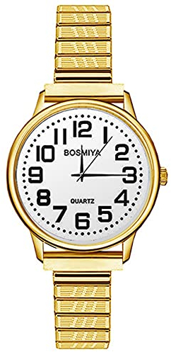 JewelryWe Uhren Damen Elastisch Edelstahl: Klassische Einfache Analog Quarz Armbanduhr Frauen Gold Edelstahl Stretch-Armband Geschäft Lässige Uhr Damenuhr mit großen arabischen Zahlen Zifferblatt