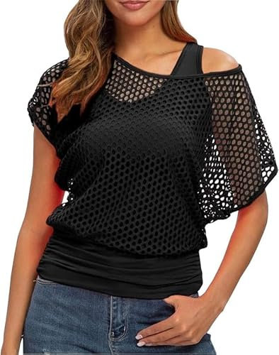 keephen Camiseta de Rejilla de neón con Hombros Descubiertos para Mujer Camiseta de Rejilla de Malla de los años 80 para niña Tops de neón Vestido Elegante (Camiseta + Chaleco)
