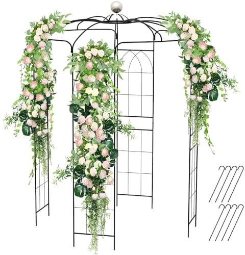 TANGZON Metal Garden Arch, 206 x 206 x 286 cm 4-Sided Birdcage Shape Garden Gazebo Pergola Pavilion Arbour, French Style Rose Vines Climbing Plants Trellis Support Archway for Wedding Ceremony Decorat