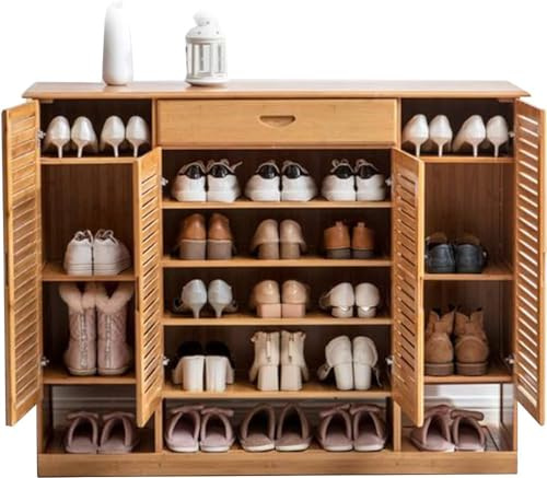 XIAGJAO Schuhregale Extra Groß Bambus Storage Organizer mit Schubladen 4 Türen Japanischer Stil Wohnzimmer Tür Schuhe Schrank Bis zu 32 Paar