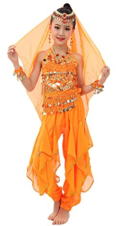vejtmcc 6 stück Handgemachte Kinder Mädchen Bauchtanz Kostüme Kinder Bauchtanz Tanz Tuch Bauchtanz Sets Für Mädchen Neugeborene Junge (Orange, 7-10 Years)