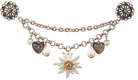 Pin Charivari Strass Edelweiss weiss-gold-farben - Trachtenkette mit Trachten-Herz und Strass-Edelweiß, Dirndlkette fürs Oktoberfest, Dirndl-Schmuck zur Trachtenbluse (antik-silber-farben)