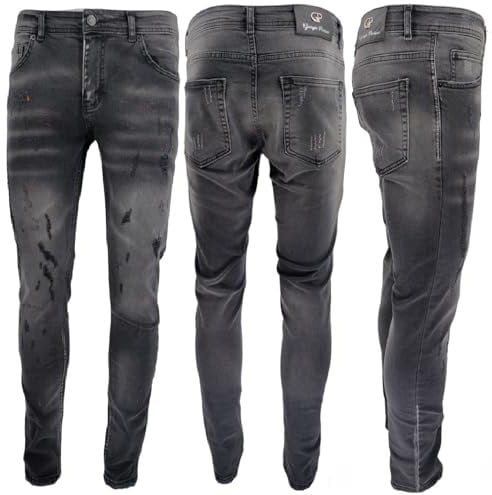 GEORGIO PEVIANI Mens Jeans Black Patchwork Paint Splatter Distressed Ripped Men's Denim Jeans UK (UK, Waist, 32, Regular, Regular, Black)