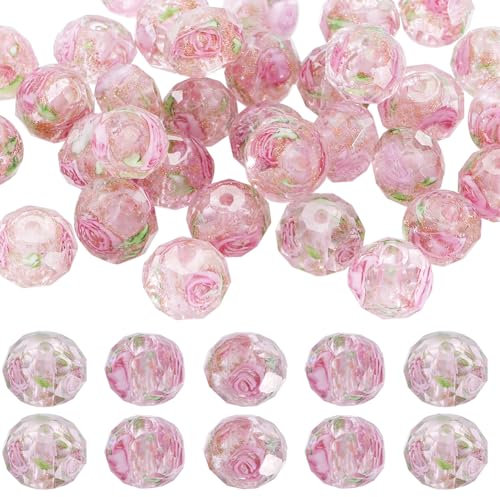 SUNNYCLUE 1 caja de 40 piezas de Cuentas de Cristal de Murano de Arena Dorada de 9~10 mm Cuentas de Cristal de Murano Hechas A Mano Rosa Rosa Floral Espaciador Redondo Cuentas de Murano para Pulseras