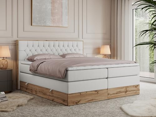 MKS MEBLE King Boxspringbett 160x200 mit Bettkasten und Kopfteil, Bonell Polsterbett mit Matratze H3 und Topper T25, Bett mit Holzrahmen in Wotan Eiche - Weiß Kunstleder - Amore King