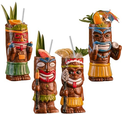 Vinbcorw Cocktail Tiki Becher Set, 4 Stück exotischer, mattierter Becher mit 4 Trinkhalmen, Tiki-Party, kreatives Cocktailglas, Getränke, Bar-Getränkegeschirr, exotisches, süßes Bargeschirr,A7