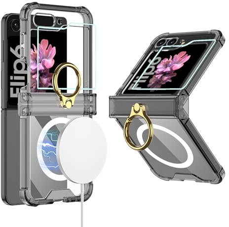 CeeEee Cover per Samsung Galaxy Z Flip 6 5g Trasparente Anello Custodia Protezione con Cerniera Supporto Antiurto Case - Nero
