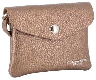 flora & co - Petit Porte-Monnaie Cartes Similicuir Souple - Portefeuille Pochette Rabat Zip avec Crochet Porte-clé - Pratique Léger - Marron Metal