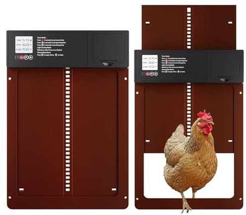 Waabose Porte Poulailler Automatique avec Commande de Minuterie et Capteur de Lumière, Porte Automatique Poulailler avec Écran LCD Programmable Étanche, Alimenté par Batterie, Anti-pincement (Brun)