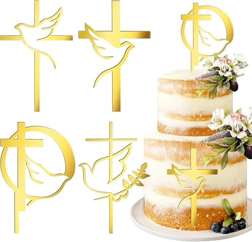 4 pcs Baptism Cake Toppers Acrylic Gold Dove Cross Cupcake Toppers Baptism First Communion Cake Decorations Supplies for Baby Shower Birthday Wedding Party Christian
