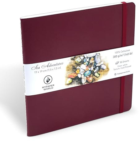 Mypaperworld quadratisch doppelseitig Aquarell Skizzenbuch Aquarellpapier Sketchbook Aquarell Watercolor300 g/m² 19х19 cm, 16 Blätter, 32 Seiten - Kirsche