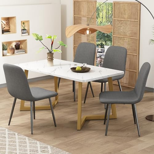 Dalred Essgruppe (5-TLG), Esstisch mit 4 Stühlen Moderner Küchentisch Set, Esszimmerstühle in modernem Design mit Rückenlehne, Beine aus Metall, Leinen (grau und Gold)