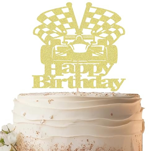 EONNCNT Race Car Birthday Cake Topper - Gold Glitter Race Car Theme Birthday Party Cake Decoration Supplies, Racing Car Checkered Flag Anniversary Party Supplies Photo Booth Props