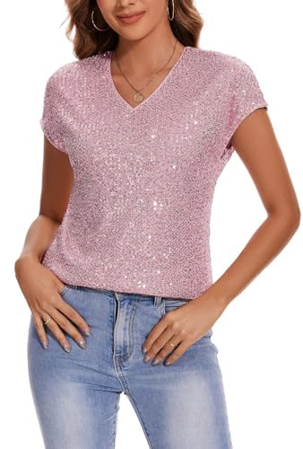 Kyzoeyou Womens V Neck Tops Cap Short Sleeve T-Shirt Glitter Sparkly Tunic Blouse Club Night (Pink M)