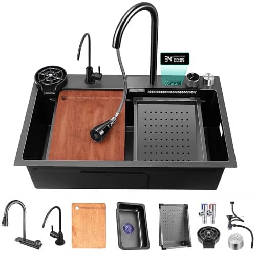 FGNIXLN Fregadero de cocina cascada, gris oscuro 304, fregadero de cocina de acero inoxidable, fregadero de cocina multifuncional, fregadero con grifo extraíble y otros accesorios (90x50cm)