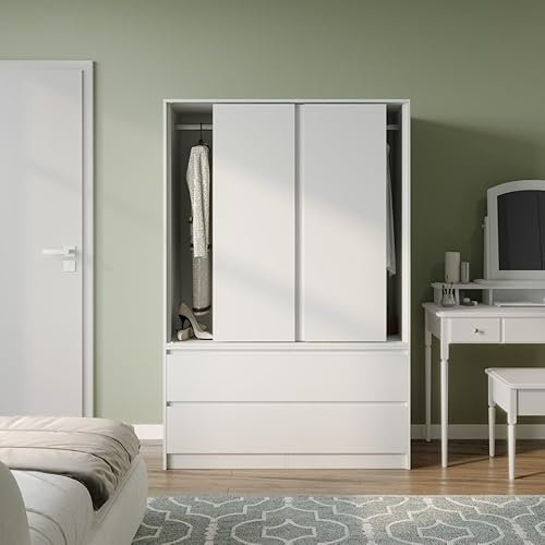 URBNLIVING Sliding Door Wardrobe with 4 Drawers & Hanging Rail, Freestanding Bedroom Closet Organizer, Durable Space-Saving Storage Cupboard, Modern MDF Flat Pack Furniture