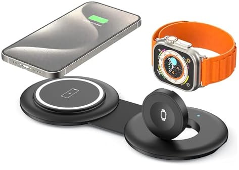 2 in 1 Ladestation kompatibel mit MagSafe Faltbar für Reisen Wireless Charger, Travel Induktive Ladestation Für iPhone 16/15/14/13 & Apple Watch | (Schwarz)