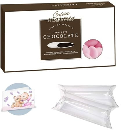 Doni Bomboniere Kit Confezione 1Kg Confetti Gusto Cioccolato Ricoperti colore Rosa + 50 pz Tubo PVC Portaconfetti Trasparenti + 50 pz Bigliettini Nascita Battesimo Bimba Fai da Te Made in Italy
