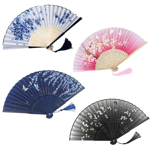 4 Stück Handfächer Fächer, Handfächers Damen, Orientalischer Faltfächer | Chinesischer Blumen Stoff Fächer,Handfächer,Hochzeit,für Tanzparty, Hochzeitsgeschenke,DIY Deko,Haus Dekorationen